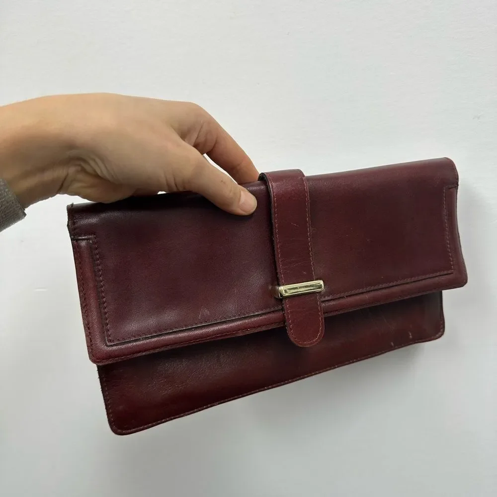 Vintage 70’s Burgundy Brown Leather Clutch Wallet Purse Rectangle Snap Closure